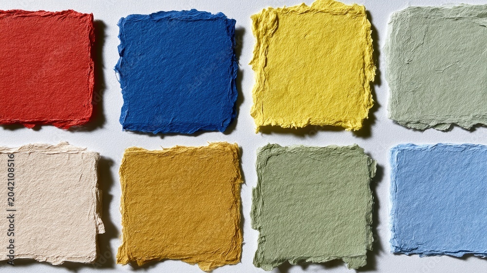 Fototapeta premium Eight textured square paper swatches in vibrant, earthy hues