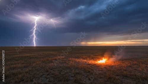 Dramatic dry lightning storm igniting a small fire on cracked parched grassland field during sunset, representing climate change and wildfire hazard concept