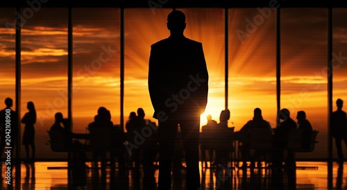 Silhouette of a leader presiding over a boardroom at sunrise