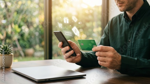 Convenient online shopping experience as a businessman uses a credit card and smartphone to buy products.