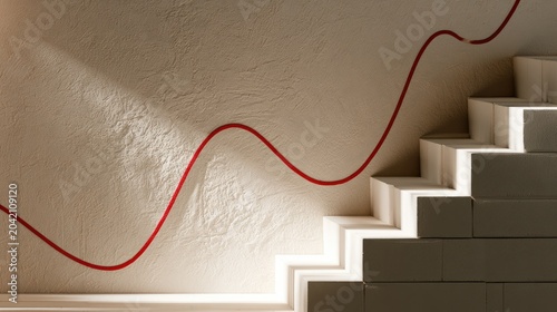 White steps ascending, a red line charting progress on a textured wall