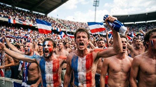 French football fans cheer with painted faces and flags at a stadium
