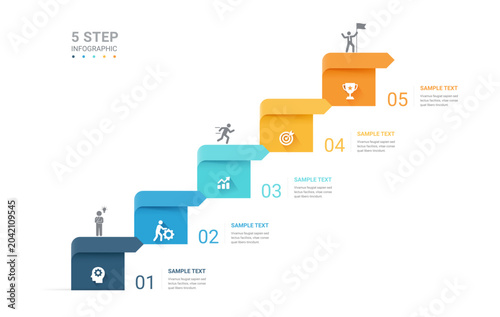 Infographic Staircase Step Business Growth timeline with 5 Step Arrow Process and Concepts for Success Diagram Background