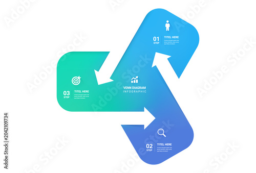 3 Step Circular Arrow Cycle Venn diagram infographic template background. Triangle loops with icons for business presentation.