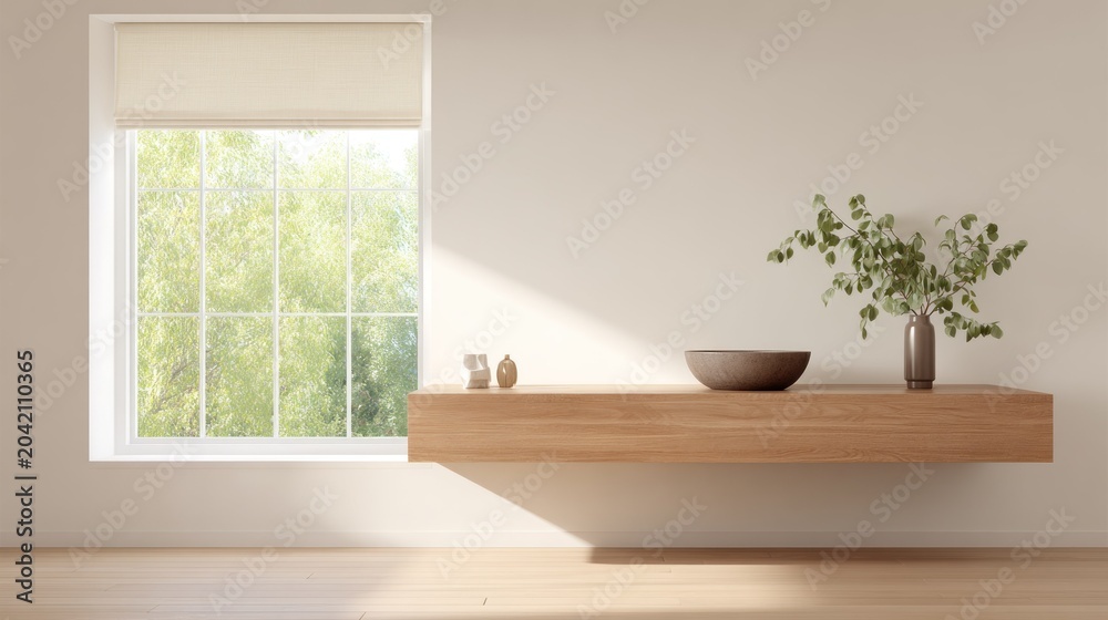 Fototapeta premium Minimalist interior space features natural light illuminating a light wooden floating shelf with decorative objects