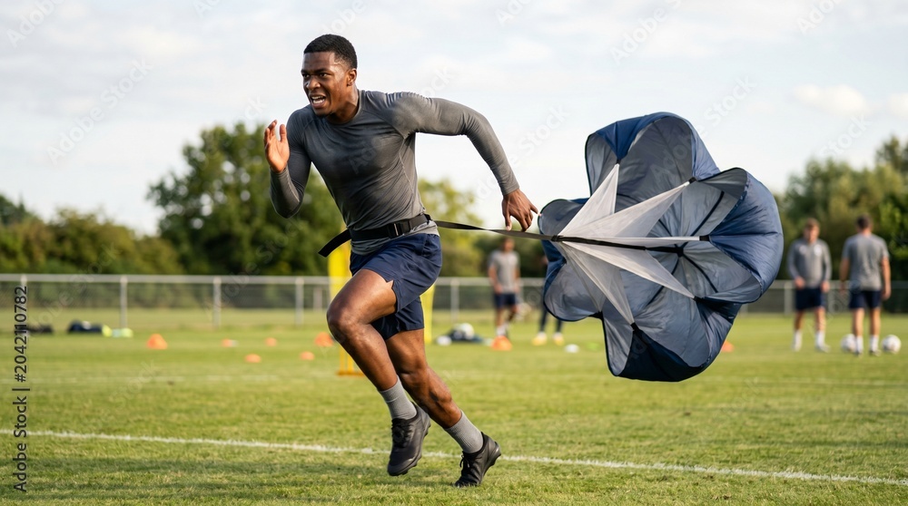 Naklejka premium Athlete training with speed parachute on a grassy field with other athletes in the background