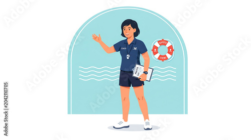 Flat vector illustration of a female lifeguard in a uniform with a whistle and clipboard, standing by a pool with a lifebuoy