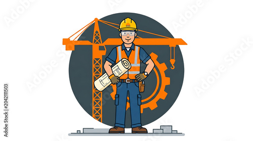Flat vector illustration of a construction worker holding blueprints with a crane and gears in the background