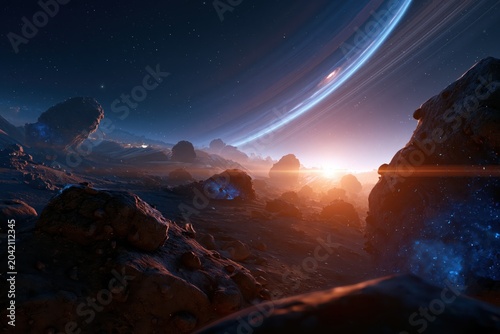 Alien Asteroid Field with Ringed Gas Giant at Cosmic Sunrise
