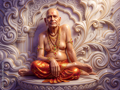 Swami Samarth White Marble Statue Style 3D Spiritual Wall Art