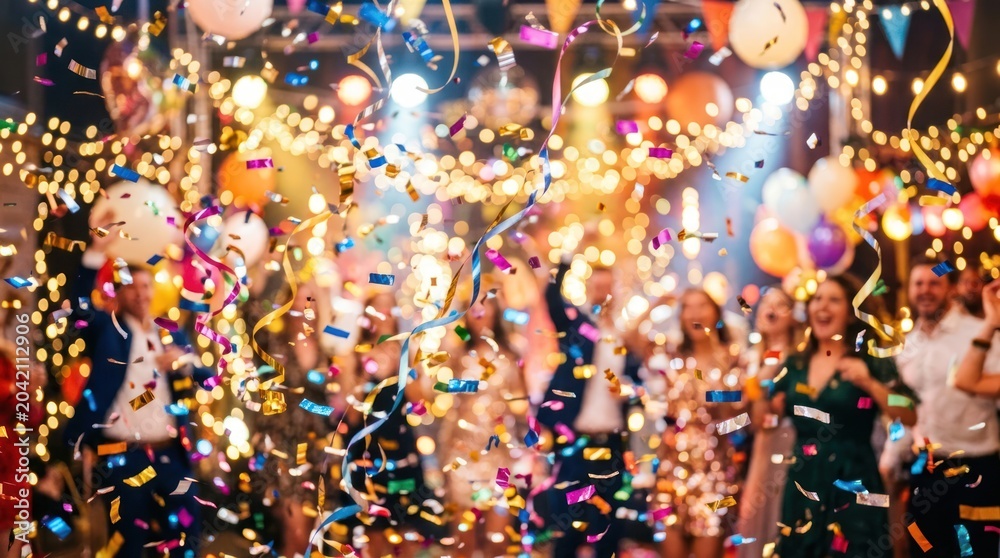 Fototapeta premium Vibrant Celebration Scene with Confetti and Balloons