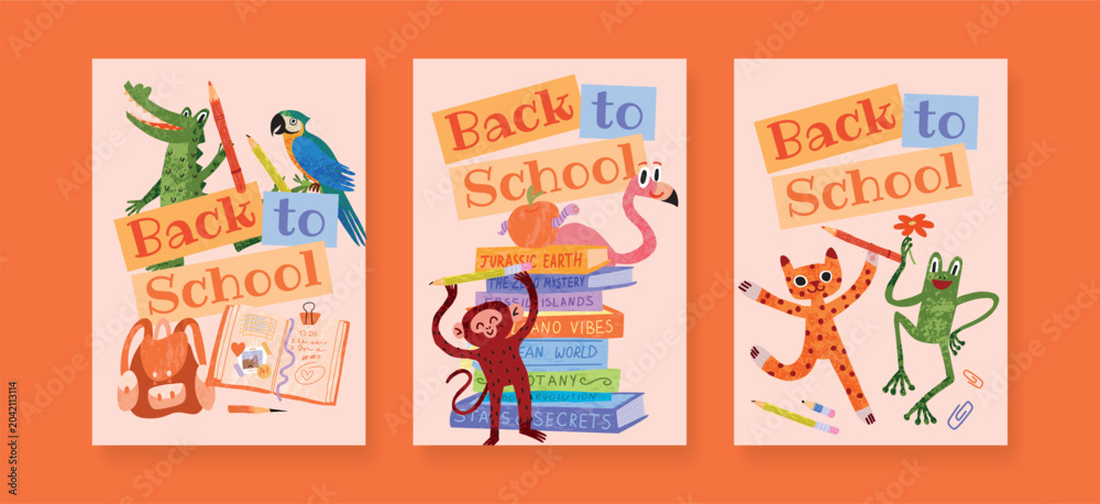 Obraz premium Back to School card set with Crocodile, Parrot, Monkey, Flamingo, Cat, Frog, books, backpack and pencils. Kids preschool education, childish colourful flat vector illustration