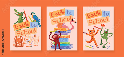 Photography Back to School card set with Crocodile, Parrot, Monkey, Flamingo, Cat, Frog, books, backpack and pencils