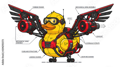 Photography Futuristic Mechanical Duck with Wings and Jet Engines