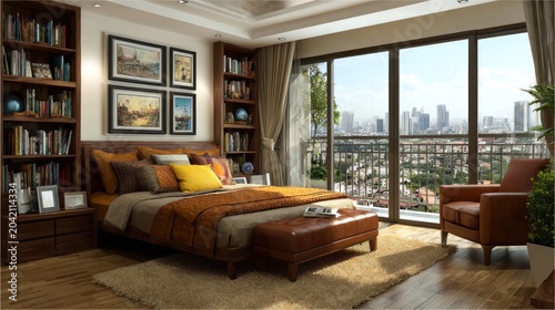 Luxurious bedroom space features warm tones and impressive high-rise cityscape views