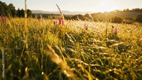 Sunlit wildflower meadow on a july afternoon with warm golden bokeh and gentle prairie breeze