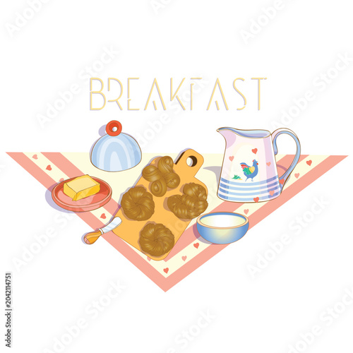 A vector illustration of a breakfast composition: buns, a milk jug, a butter dish, a cup, and a knife. A cozy bakery and dairy product design in a traditional kitchen-themed style.