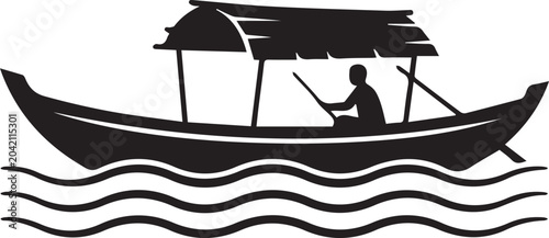 Photos Traditional Wooden Boat Silhouette with Boatman Rowing on Water Waves Vector Illustration