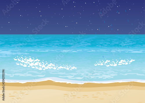 Beautiful tropical beach illustration featuring turquoise ocean waves, sandy shoreline, and a starry night sky, creating a peaceful coastal landscape. Perfect for travel, tourism, vacation promotions.