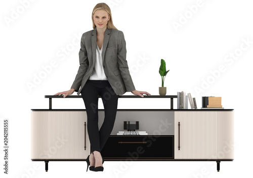 3d render wooden cabinet with blonde woman