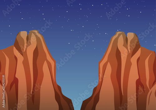 Beautiful desert canyon landscape illustration featuring towering red rock cliffs under a starry night sky, creating a stunning natural scenery background. Perfect for travel, adventure, nature.