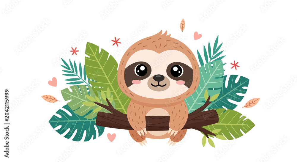 Fototapeta premium Cute sloth hanging on tree branch with tropical leaves, jungle animal illustration