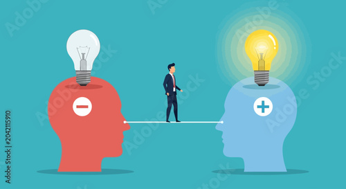 Foto Businessman connecting positive and negative thinking heads, idea generation con