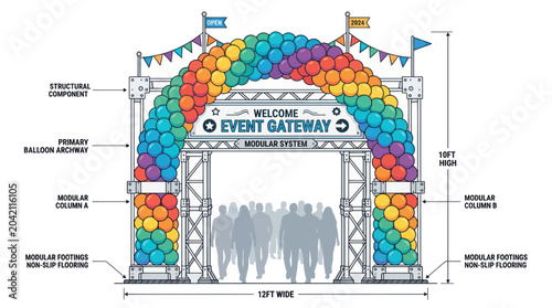 Tableau sur toile Event Gateway Archway Entrance with Rainbow Balloons and People Silhouette