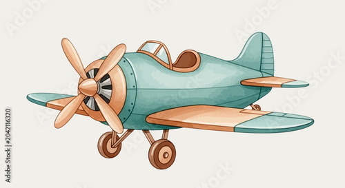 Vintage teal airplane toy, retro illustration, aviation concept, background