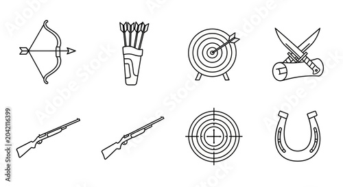 Schilderij op canvas archery icons, bow and arrow, target, quiver, sword, horseshoe, vector illustrat