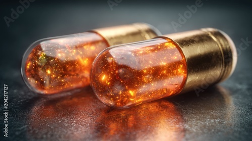 Two transparent capsules containing glowing orange particles rest upon a dark, reflective surface.