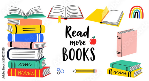 Colorful books and reading accessories, literacy concept, educational background