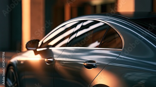 Sleek grey sedan's curved body reflects warm golden hour light