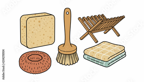 Schilderij op canvas Cleaning supplies, household items, sponge, brush, dish rack, cleaning concept,