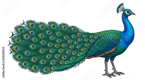 Peacock, colorful bird, green feathers, blue neck, wildlife animal