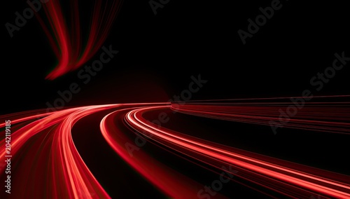 Red light trails streak across a black background, suggesting rapid motion