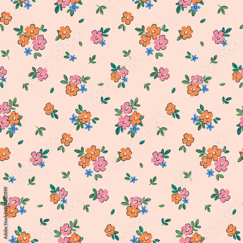 Seamless floral pattern, liberty ditsy print of mini summer bouquets. Cute botanical design. Small hand drawn daisy flowers, tiny leaves, simple wild plants in random composition. Vector illustration.