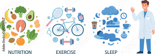 Bild auf Leinwand Healthy Lifestyle Medical Infographic Vector Set with Doctor Character Illustrat
