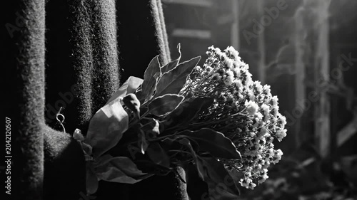 Black and white close up of delicate bouquet with textured fabric in the foreground and a blurred background