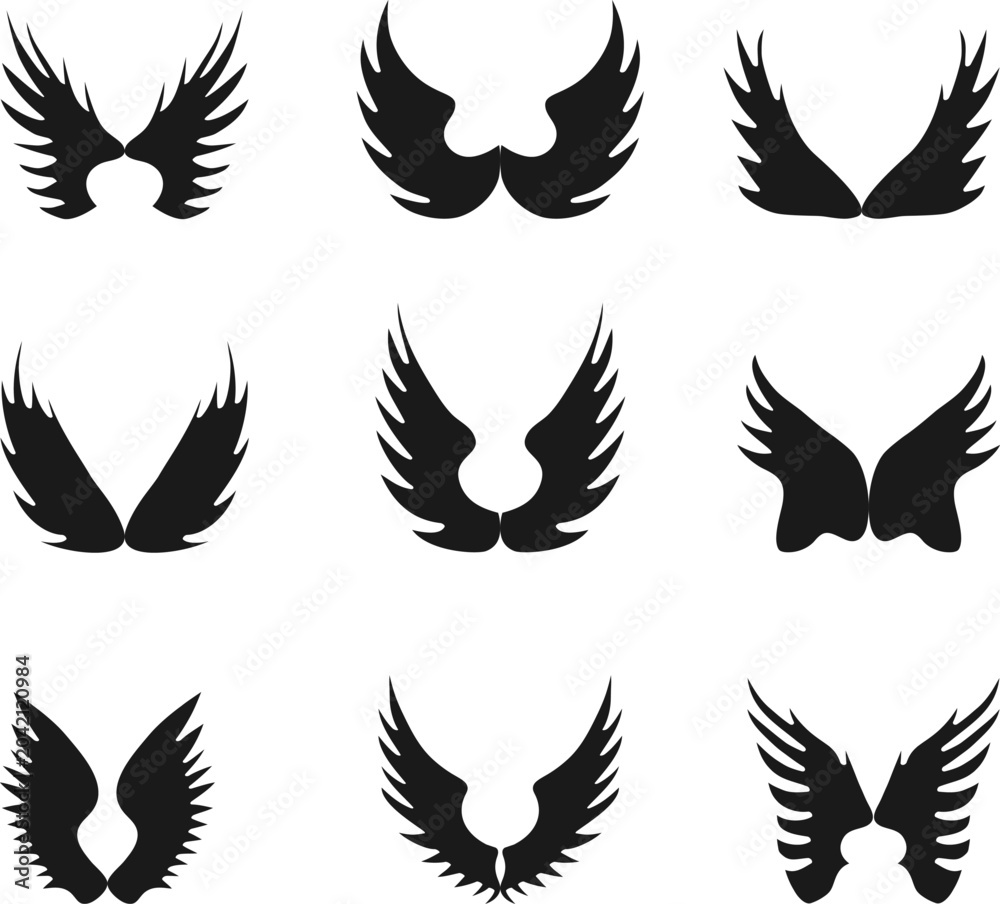 Naklejka premium Angel wings black silhouette vector icons set isolated on white background for creative design