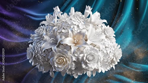 Luxurious white floral arrangement with gold accents against a vibrant iridescent background, elegant design