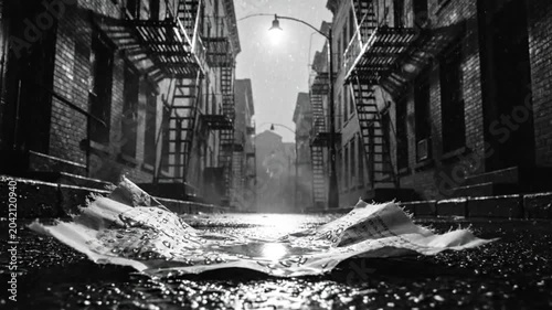 Rainy Alleyway Scene With Wet Paper in Black and White, Atmospheric Cinematic Aesthetic