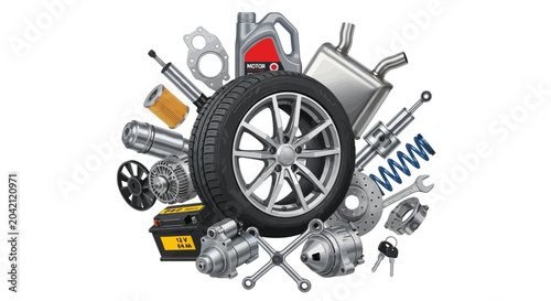 Car parts and tools, automotive repair service, mechanic workshop background