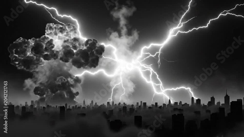 Epic Black and White Lightning Storm Erupting Over a City Skyline During a Dramatic Weather Event