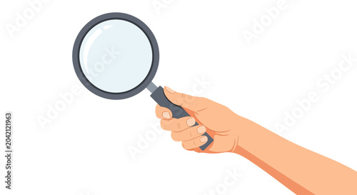 Hand holding magnifying glass, investigation and search concept, flat illustration
