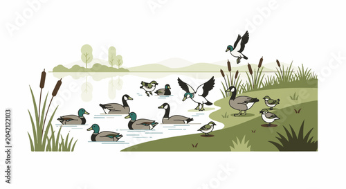 A charming illustration of various ducks and small birds by a tranquil lake