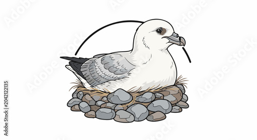 A cartoon bird with grey and white feathers sits in a nest of twigs and stones
