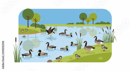 A charming illustration of diverse waterfowl gathered at a serene, tree-lined pond