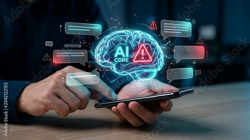 Hands Using Smartphone Interacting with a Glowing Digital Brain Showing AI Core and Warning Symbols Amidst Chat Bubbles