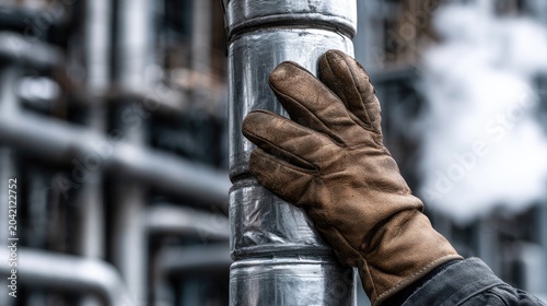 Gloved hand touches insulated pipe in industrial setting with steam